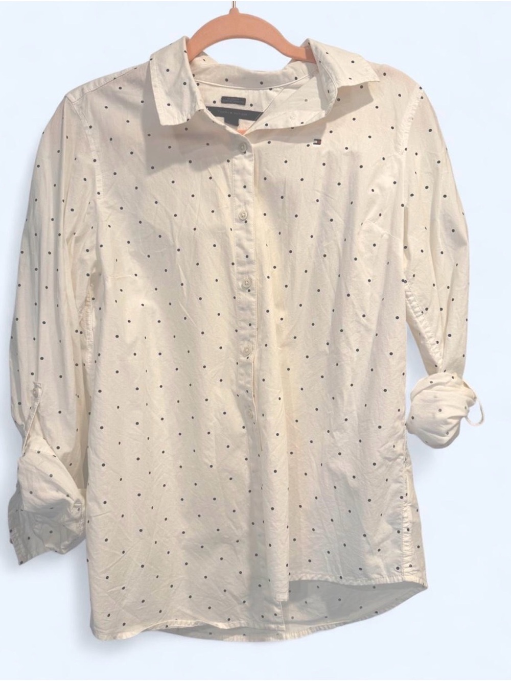 Tommy Hilfiger White Navy Polka Dot Button Down Shirt Relaxed Fit M